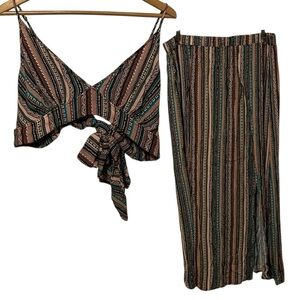 D2 Boho tan red blues 2 pc set bralette tie top stretchy skirt with slit plus 3X
